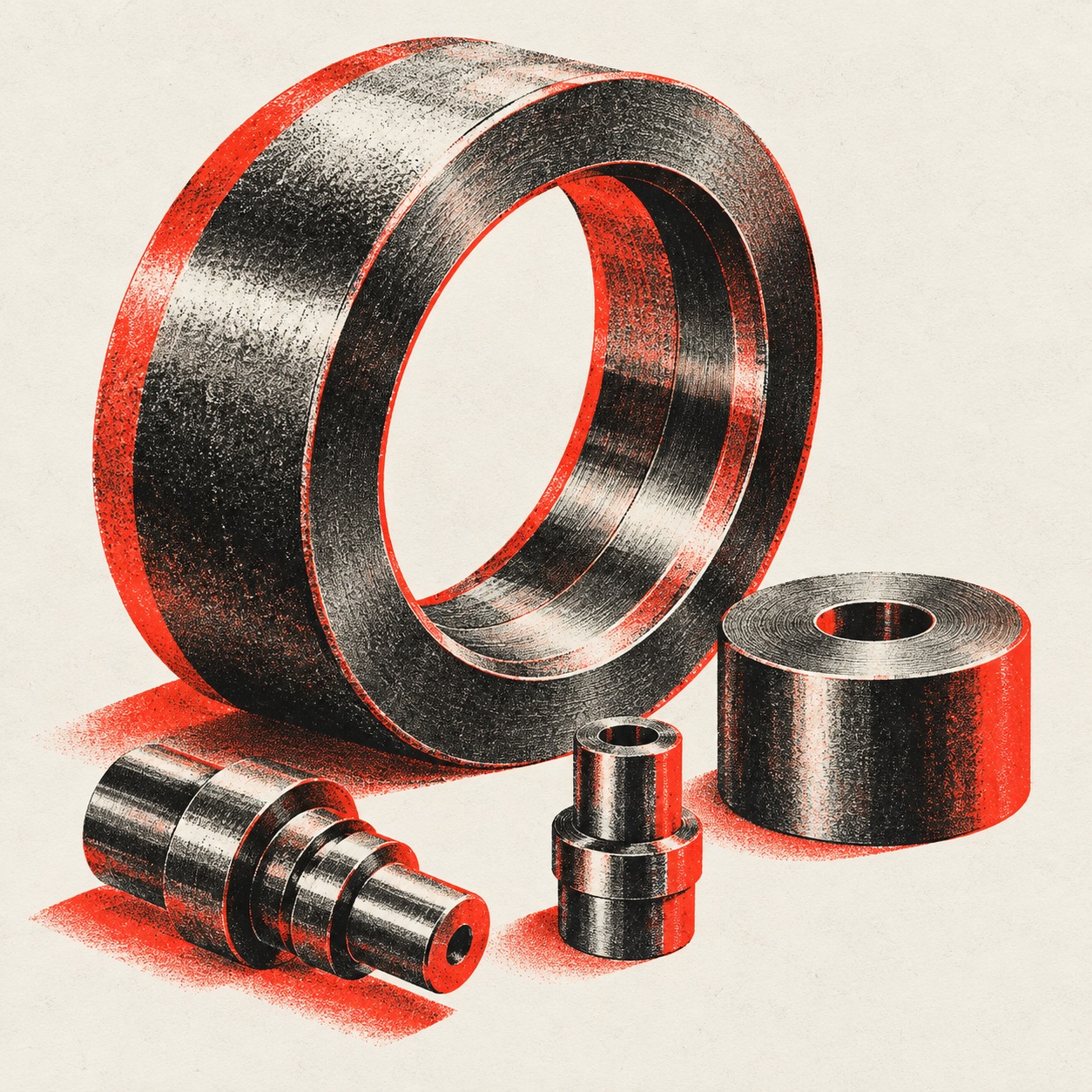 Two-ink editorial illustration of precision tooling